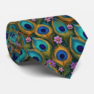 Vibrant Peacock Feathers And Tiny Purple Flowers Tie