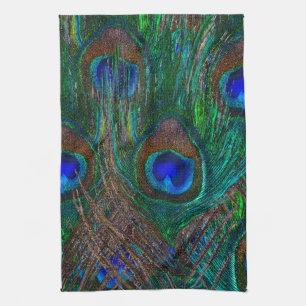 Vibrant Peacock Feathers Etching Style Decor Kitchen Towel
