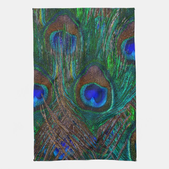 Vibrant Peacock Feathers Etching Style Decor Kitchen Towel (Vertical)