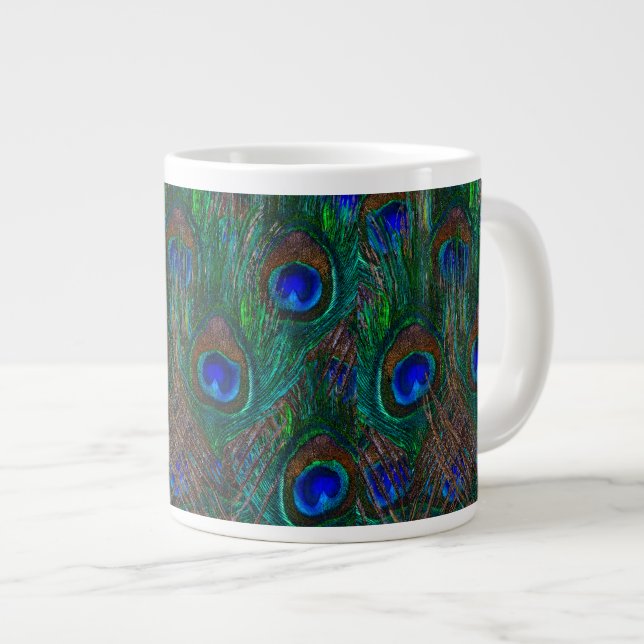 Vibrant Peacock Feathers Etching Style Decor Large Coffee Mug (Front Right)