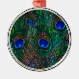 Vibrant Peacock Feathers Etching Style Decor Metal Ornament