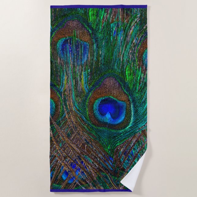 Vibrant Peacock Feathers Etching Style Decor on a Beach Towel (Front)