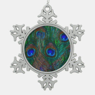 Vibrant Peacock Feathers Etching Style Decor Snowflake Pewter Christmas Ornament