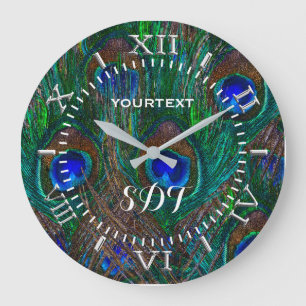 Vibrant Peacock Feathers Etching Style Dial on a Large Clock