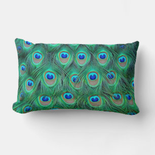 Vibrant Peacock Feathers Lumbar Pillow