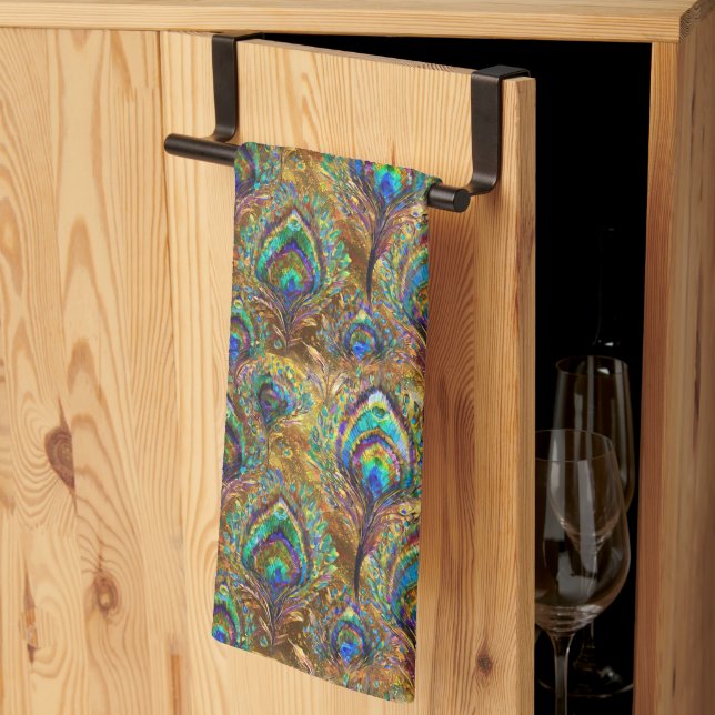 Vibrant Peacock Feathers on Gold Kitchen Towel (Thirds Fold)