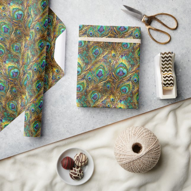 Vibrant Peacock Feathers on Gold Wrapping Paper (Crafts)