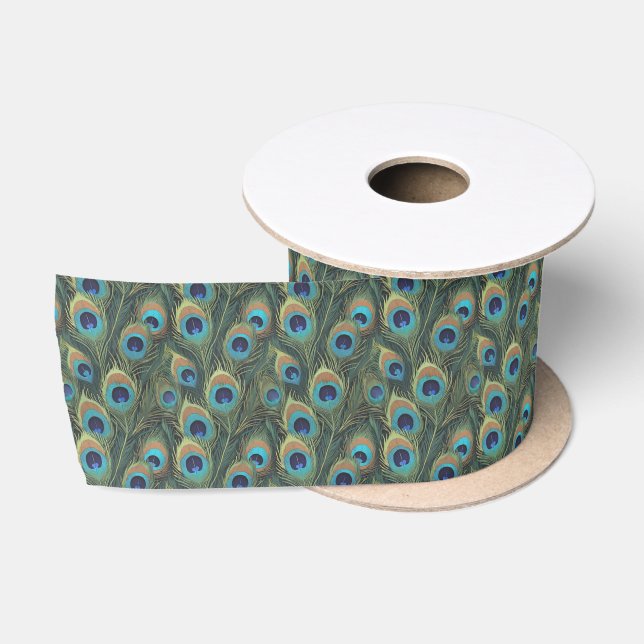 Vibrant Peacock Feathers Satin Ribbon (Spool)