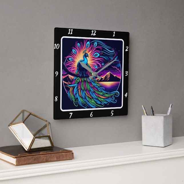 Vibrant Peacock Glow Square Wall Clock (Office)