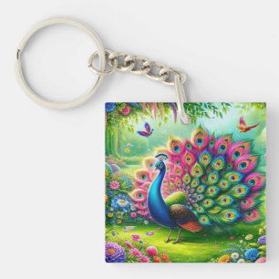 Vibrant Peacock in a Fantasy Garden Painting Keychain