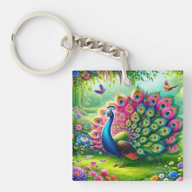 Vibrant Peacock in a Fantasy Garden Painting Keychain (Front)