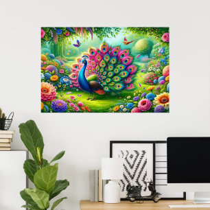 Vibrant Peacock in a Fantasy Garden Painting Poster