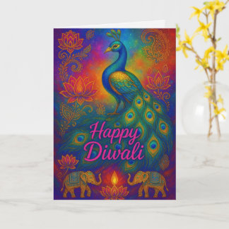 Vibrant Peacock & Lotus Happy Diwali Greeting Card