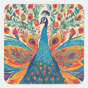 Vibrant Peacock: Mexican Art Style Accent Pillow Square Sticker