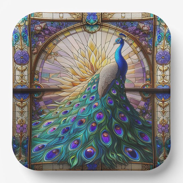 Vibrant Peacock Paper Plates: The Elegant Table Paper Plate (Front)