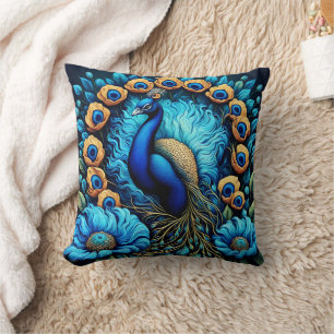 Vibrant Peacock Surrounded By Colourful Flowers Throw Pillow