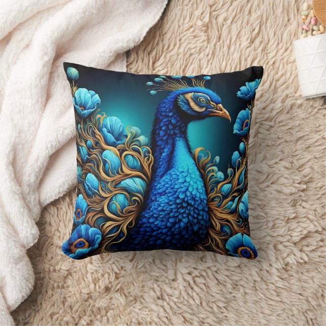 Vibrant Peacock Surrounded by Colourful Flowers Throw Pillow (Blanket)