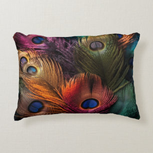 Vibrant peacock tail showcases accent pillow