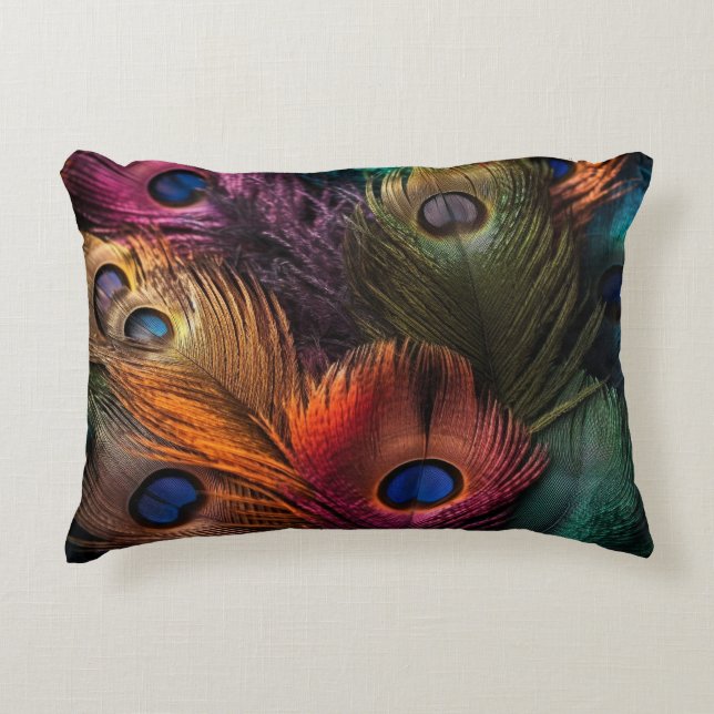 Vibrant peacock tail showcases accent pillow (Front)