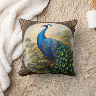 Vibrant Peacock With Colourful Tail Amidst Greener Throw Pillow