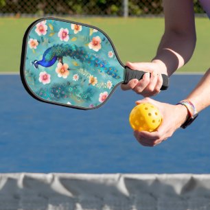 Vibrant Peacock With Feathers & Lush Florals Pickleball Paddle