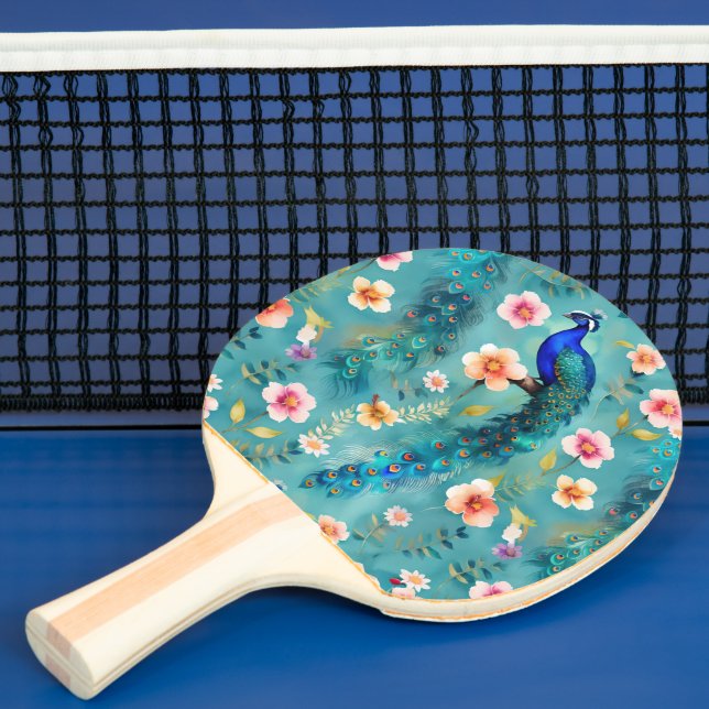 Vibrant Peacock With Feathers & Lush Florals Ping Pong Paddle (Insitu)