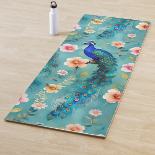 Vibrant Peacock With Feathers & Lush Florals Yoga Mat