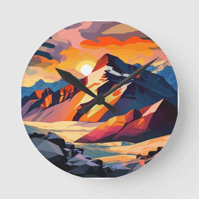 Vibrant peak: A snowy mountain at sunset. Round Clock (Front)