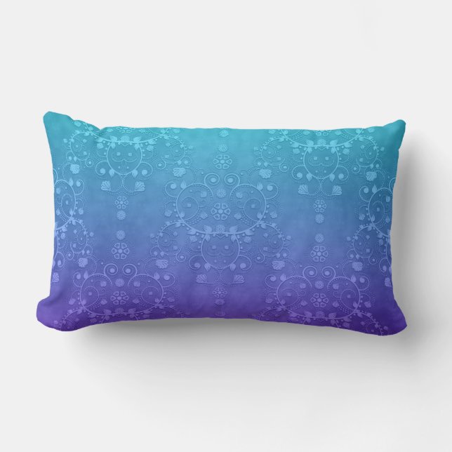 Vibrant Periwinkle to Aqua Fancy Damask Pattern Lumbar Pillow (Front)