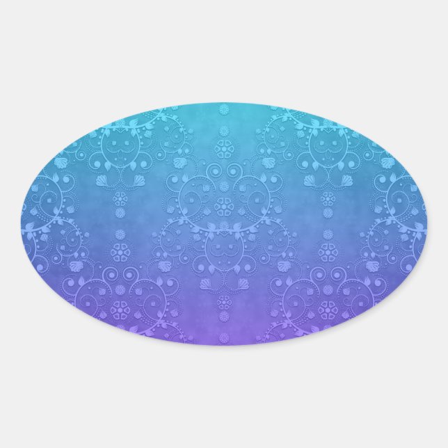 Vibrant Periwinkle to Aqua Fancy Damask Pattern Oval Sticker (Front)