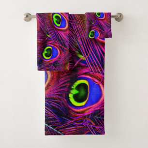 Vibrant Personalize Peacock purple Feathers Bath Towel Set