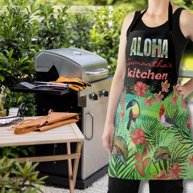 Vibrant Personalized ALOHA with Name Kitchen Apron (Vibrant Personalized ALOHA with Name Kitchen Apron)
