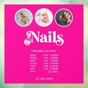 Vibrant Pink 3 Photo Nail Tech Opening Hours Window Cling