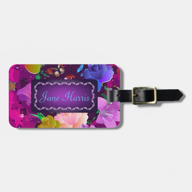 Vibrant Pink Abstract Floral Custom Luggage Tag (Front Horizontal)