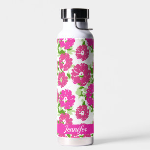 Vibrant Pink Abstract Floral Design   Personalized Water Bottle