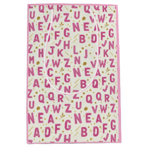 Vibrant Pink Alphabet and Gold Glitter Pattern Medium Gift Bag