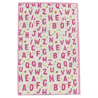 Vibrant Pink Alphabet and Gold Glitter Pattern Medium Gift Bag