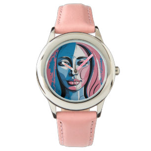 Vibrant Pink and Blue Abstract Face Art Watch
