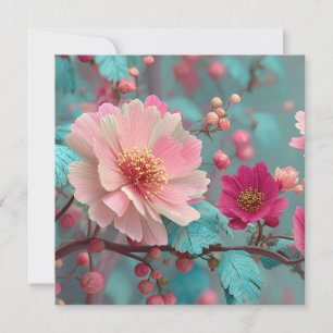 Vibrant Pink and Blue Fantasy Floral Art Holiday Card