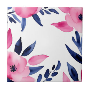 Vibrant Pink and Navy Watercolor Flowers Tile