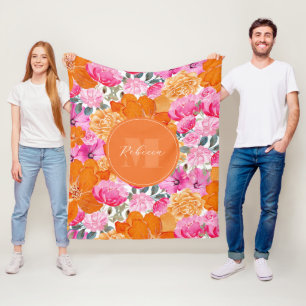 Vibrant Pink and Orange Floral Garden Custom Name Fleece Blanket
