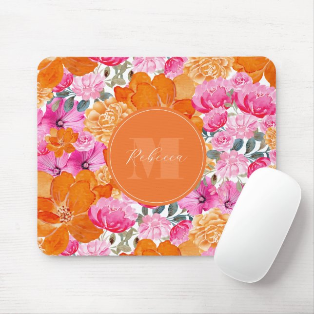 Vibrant Pink and Orange Floral Garden Custom Name Mouse Pad (With Mouse)