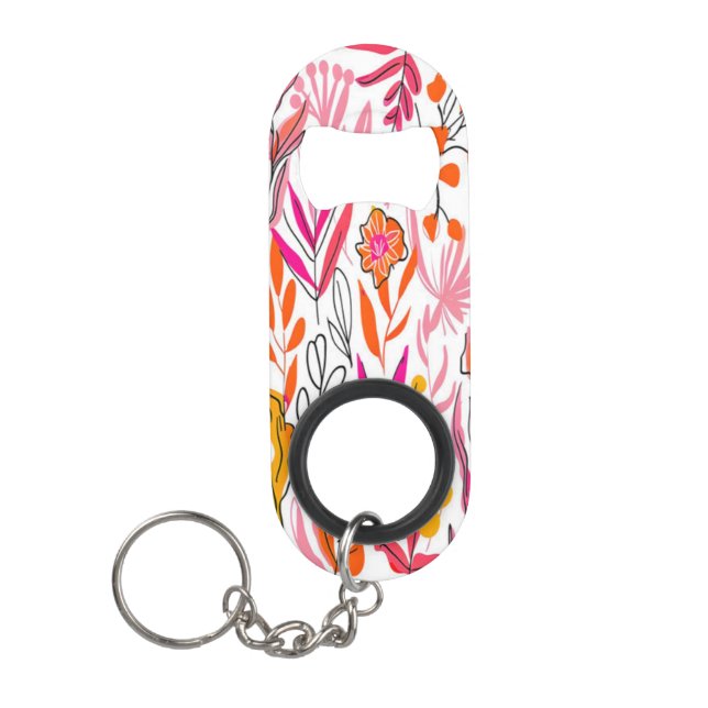 Vibrant Pink and Orange Floral Patterns Keychain Bottle Opener (Front)