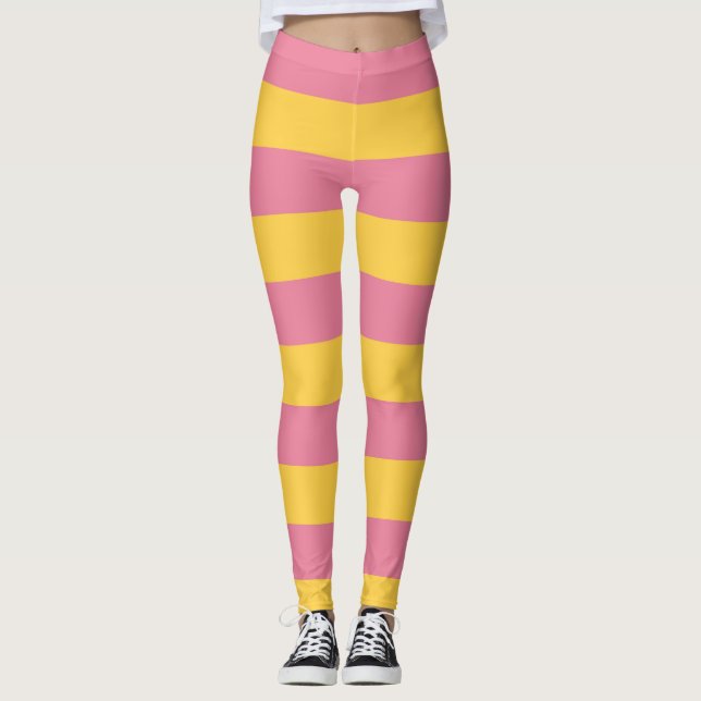 Vibrant Pink and Yellow Vertical Striped Pattern Leggings (Front)