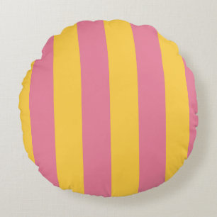 Vibrant Pink and Yellow Vertical Striped Pattern Round Pillow