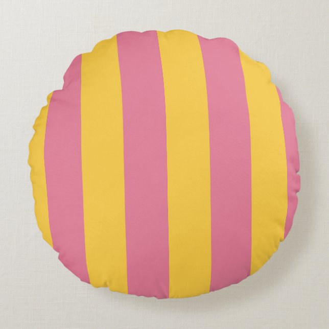 Vibrant Pink and Yellow Vertical Striped Pattern Round Pillow (Front)