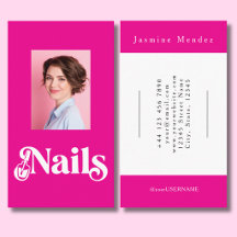 Vibrant Pink Black Script Photo Nail Technician