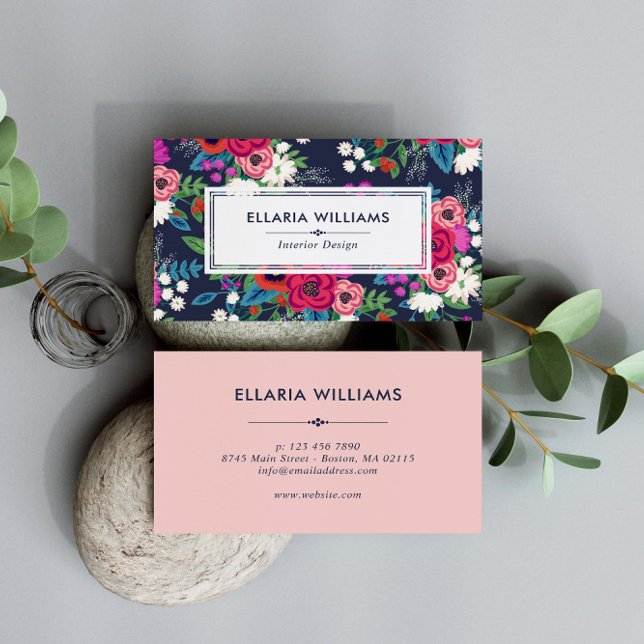 Vibrant Pink Blue Boho Floral Pattern Business Card (Creator Uploaded)
