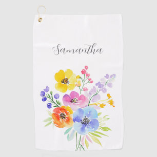 Vibrant Pink Blue Floral Personalized  Golf Towel