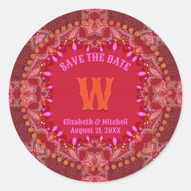 Vibrant Pink Bohemian Batik Inspired Save the Date Classic Round Sticker (Front)